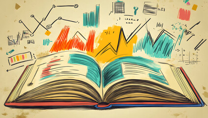 Open Book with Exploding Data Charts Knowledge, Growth, and Insights
