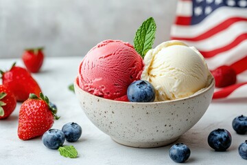 Delicious strawberry and vanilla ice cream with berries and american flag