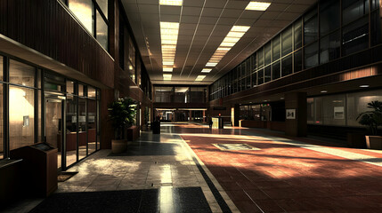 Obraz premium Empty Interior Hallway With Brown Walls and Glass Panels Under Bright Overhead Lighting