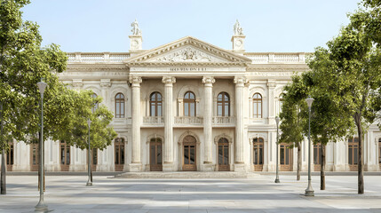 Fototapeta premium Classical European Architectural Building With Trees And Open Square During Sunny Day