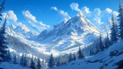 Tranquil Winter Wonderland with Majestic Mountains