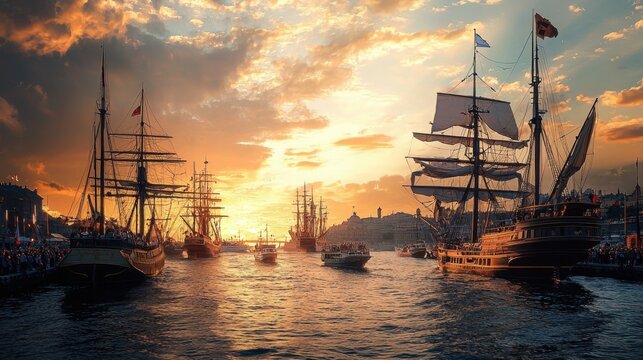 Several majestic sailing ships float on calm waters at dusk, surrounded by spectators on the shore, enjoying a maritime festival. The sunset paints the sky in warm hues