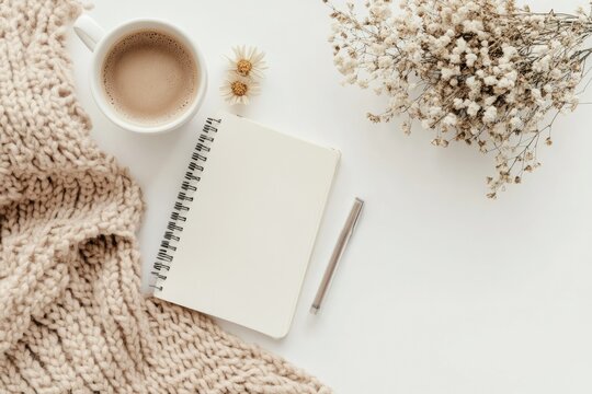Warm Autumn Office DÃ©cor: Cozy Flat Lay of Desk with Notebook, Blanket, Dry Flowers, and Coffee on a Bright Background
