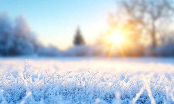 Frosty winter grass at sunrise. Background of trees. Stock photo
