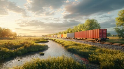 Fototapeta premium Cargo containers travel on trains next to a winding river, bathed in warm sunset light. Lush greenery and a calm atmosphere enhance the picturesque rural setting