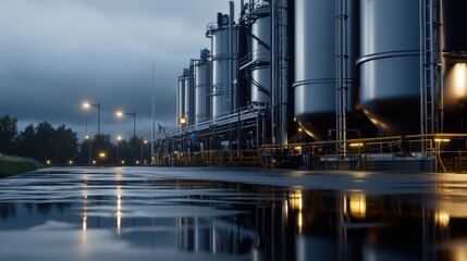 Obraz premium Large metallic industrial tanks line the perimeter of a manufacturing site under overcast skies at twilight, with puddles reflecting their sleek surfaces