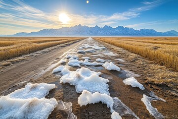 Sunlit dirt road with melting snow patches, leading to distant mountains under a vibrant sky