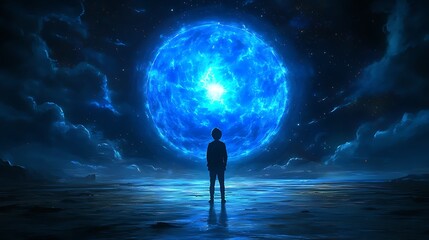 Silent awe before celestial energy sphere.