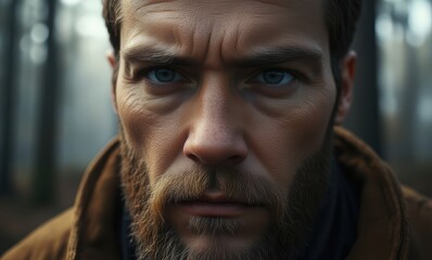 Intense gaze of a man in nature