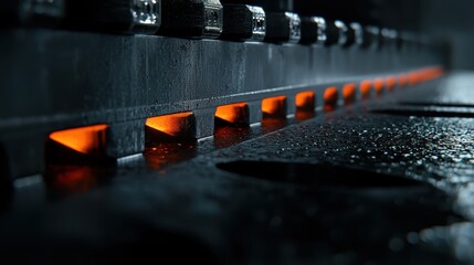 In a factory environment, molten metal flows smoothly through a channel, glowing orange. Water condensation is present on nearby surfaces, highlighting industrial activity and heat