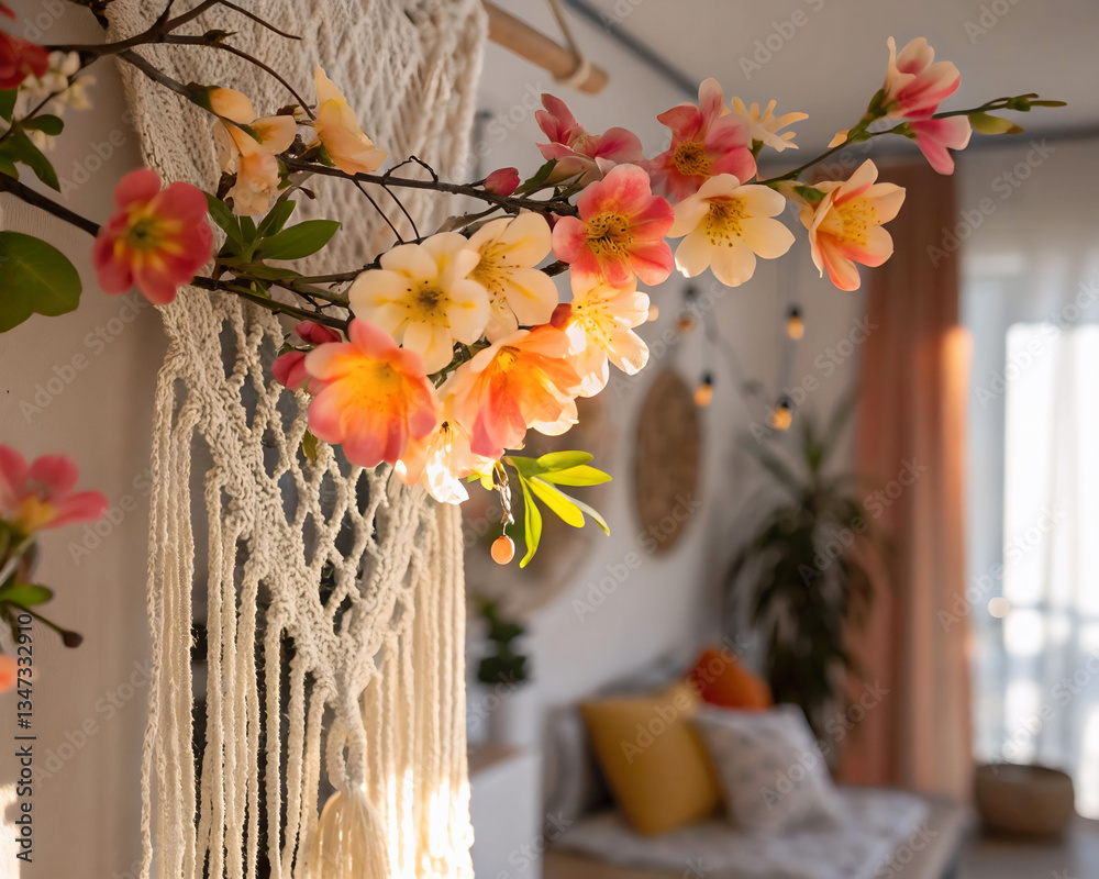 Poster a room with a bed, pillows, and a mirror on the wall. the ceiling is decorated with a macrame hangin