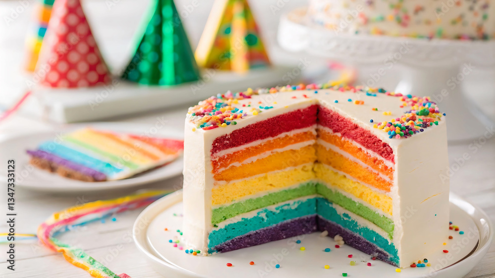 Poster a 3d rendered picture of a rainbow cake cut into slices. there are three birthday hats on the table,
