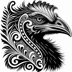 intricate and ornamental drawing of a bird's head, showcasing detailed patterns and artistic design
