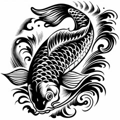 A koi fish swims through water, displaying an elegant and stylized design. The artwork evokes tranquility, harmony, and the beauty of nature