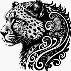 Cheetah head with ornate swirls illustration 