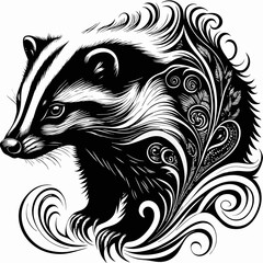 an intricate monochrome illustration of a badger adorned with decorative swirls and patterns, embodying artistic elegance and detailed artistry