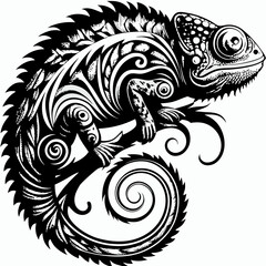 A beautifully detailed black and white chameleon illustration perched gracefully on a branch, with an intricate design that showcases the animal's unique features