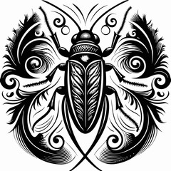 ornamental design features an insect in artistic style, with intricate details forming a symmetrical pattern