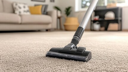 A vacuum cleaner on plush carpet in a cozy living room, highlighting a clean and tidy home environment.