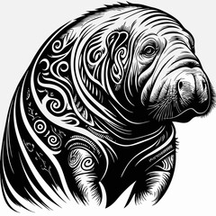a detailed illustration of a manatee featuring intricate designs. The artwork is a striking monochrome image