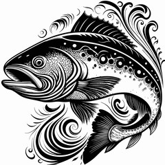 A black and white illustration of a fish with intricate swirling details, it showcases the aquatic life