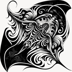 Fototapeta premium Abstract Illustration of an Aquatic Creature. This image features a highly stylized, artistic rendition of a manta ray, rendered in bold black and white lines and swirls.