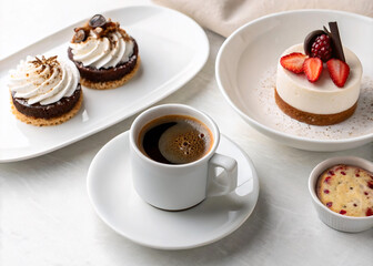 a table with a white coffee cup and saucer, various pastries including tarts and a cake, and a bowl containing strawberries and cream.