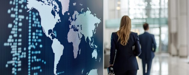 A professional setting featuring two individuals walking past a digital map of the world, suggesting themes of business and global connectivity.