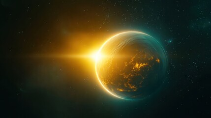 Naklejka premium A massive futuristic spaceship entering the orbit of an unknown glowing planet, dramatic lighting, deep space vastness, cinematic sci fi shot
