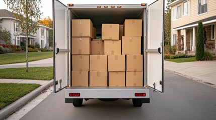 A delivery truck filled with cardboard boxes is parked on a residential street, indicating a move or shipment in progress.