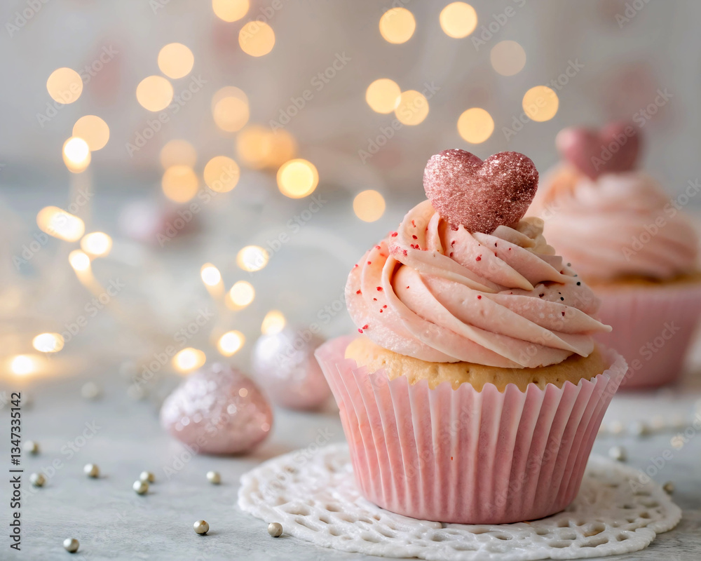 Poster two cupcakes with pink frosting and a pink heart-shaped decoration on top. they are placed on a lace