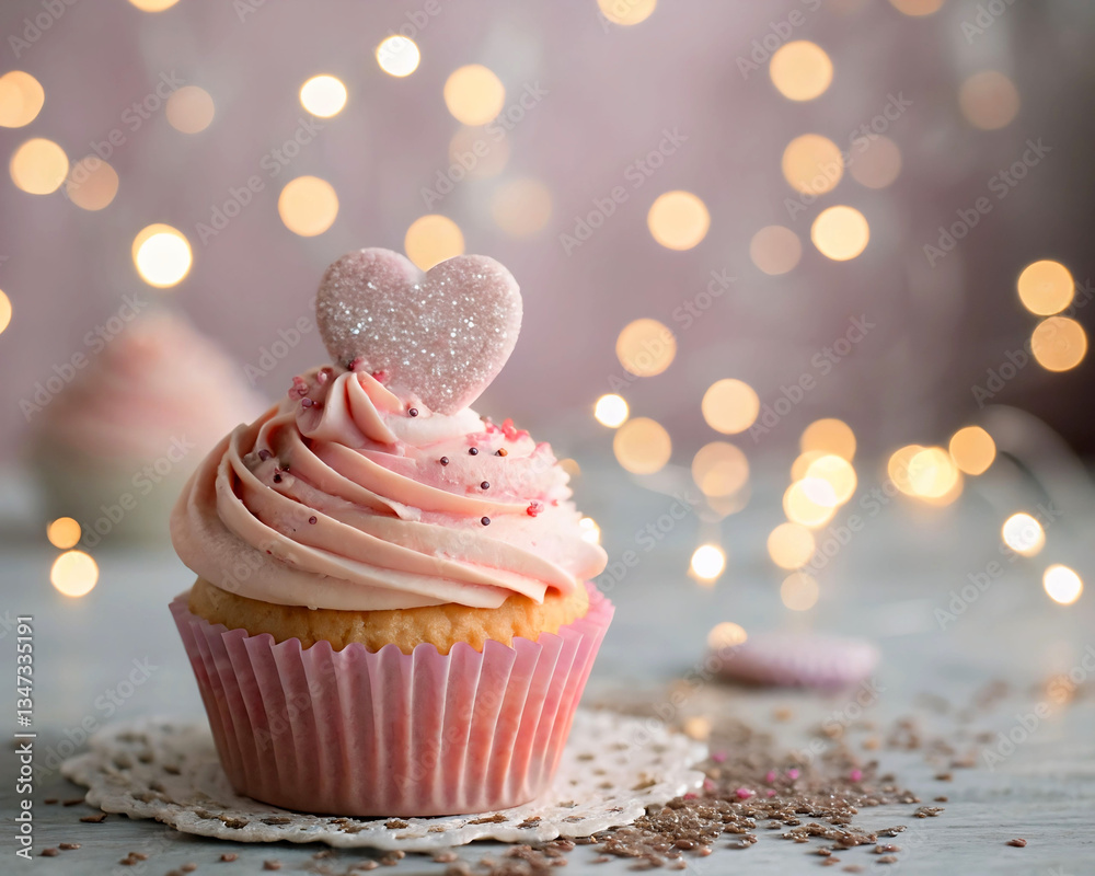Aufkleber a cupcake with pink frosting and a heart-shaped decoration on top, placed on a white surface with a 