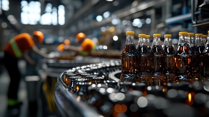Inside a busy factory, workers in safety gear fill and package beverage bottles on a conveyor belt while large machinery operates in the background, showcasing industrial efficiency