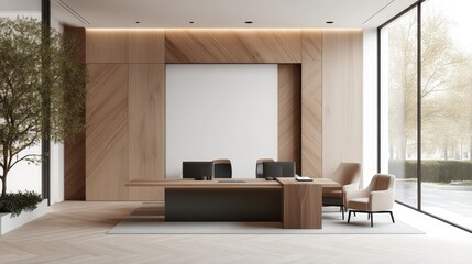 Fototapeta premium Modern minimalist office with large windows. Light wood paneling, a large blank wall, and comfortable seating. A spacious executive desk and plant add a touch of nature to the interior