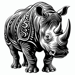 Fototapeta premium A detailed black and white illustration of a rhinoceros, featuring intricate patterns and textures. The rhinoceros has a large horn, thick skin and a powerful stance.