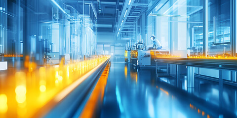 Smart factory with automated production line, futuristic industrial manufacturing with AI technology, Advanced factory operations managed by innovative software selective focus tech-driven processes 
