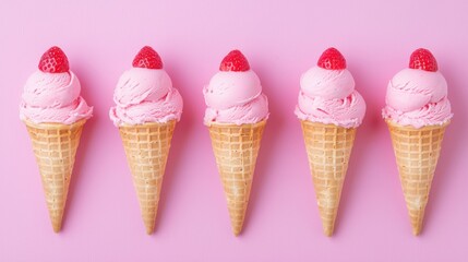 A row of waffle cones filled with bright pink strawberry ice cream, neatly arranged on a soft pastel pink background, smooth texture, playful summer mood