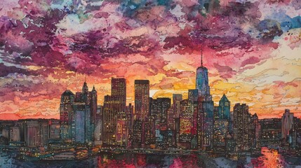 Colorful clouds fill the sky as the sun sets behind the iconic New York City skyline. Buildings are illuminated by warm hues, creating a stunning silhouette against the vibrant backdrop