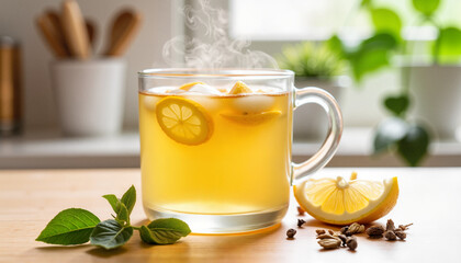 Glass of lemon tea with mint leaves on wooden table