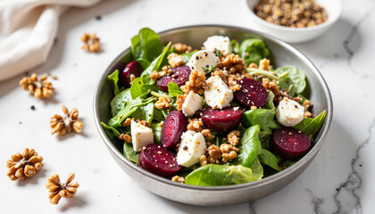 Fresh salad with beets and walnuts in a silver bowl