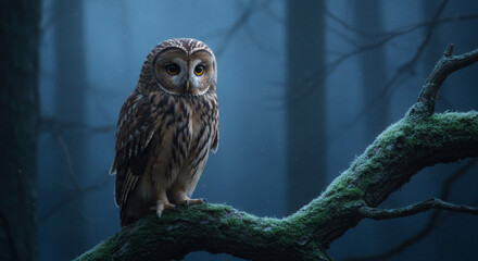 Obraz premium A wise owl sitting on a tree branch under the moonlight. 