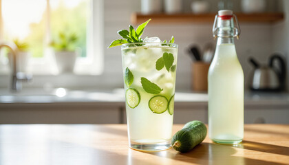 Refreshing cucumber mint drink in a kitchen setting