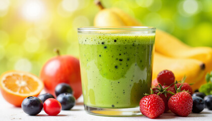 Fresh green smoothie with fruits on a bright background