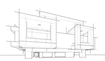 Futuristic Architectural Wireframe. Abstract Modern Building 3d Design 