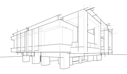 Futuristic Architectural Wireframe. Abstract Modern Building 3d Design 