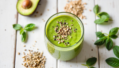 Green smoothie with avocado and seeds on wooden table
