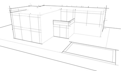 Futuristic Architectural Wireframe. Abstract Modern Building 3d Design 