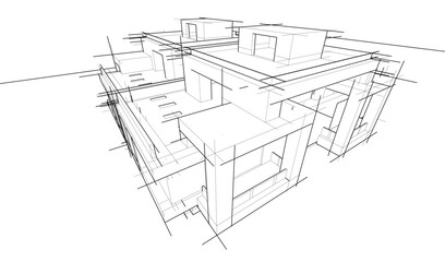 Futuristic Architectural Wireframe. Abstract Modern Building 3d Design 