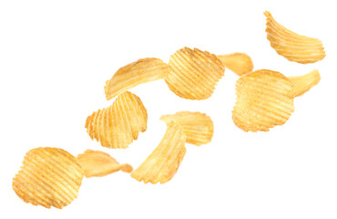Tasty potato chips falling on white background
