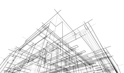 Futuristic Architectural Wireframe. Abstract Modern Building 3d Design 